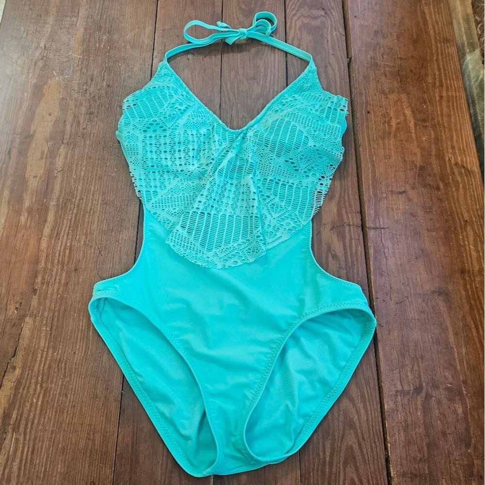 One Piece Swimsuit Women Sz S Aqua Cutaway Style Lacy Accent Vacation Island